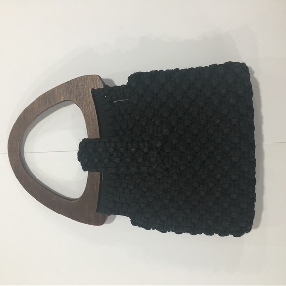 70s Vintage Handmade Macrame Bag Wooden Handle - Picture 8 of 8